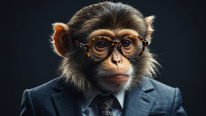 a photo of a chimpanzee in a suit and tie, wearing glasses.  - obrazy, fototapety, plakaty
