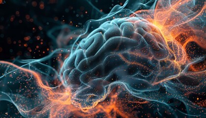 Dynamic brain visualization depicts intricate neural connections, capturing essence of human thought with vibrant colors, showcasing intellectual depth.