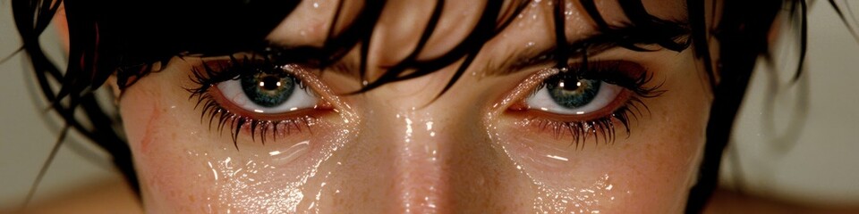 Intense Close-Up of Wet Female Eyes, Capturing Emotional Depth and Raw Human Expression