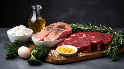 A variety of cooked and raw proteinrich foods including eggs steak and quinoa displayed against a solid grey background suitable for dietary and culinary content