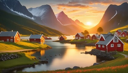 paisaje de pueblo en Noruega (paisaje 2) - obrazy, fototapety, plakaty
