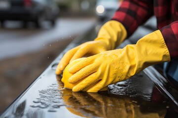 A person wearing yellow gloves is washing a black car with a sponge. The car is parked outside in the driveway. The person is using a soapy sponge to clean the car