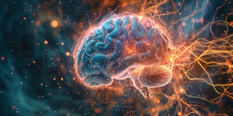 Obraz premium Dynamic illustration visualizes brain in contemplation, intricate details highlight thought complexity, vibrant energy depicted through realistic structures and balanced hues.