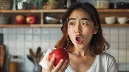 apples in the kitchen. Shocked woman with apple on her hand.