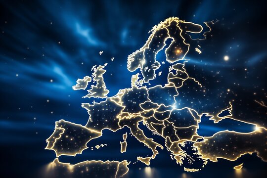 Glowing Golden Outline Map Of Europe In The Dark Blue Space Background With Illuminated Country Borders At Night. 3D Rendering Of Europe Map With Glowing Borders At Night