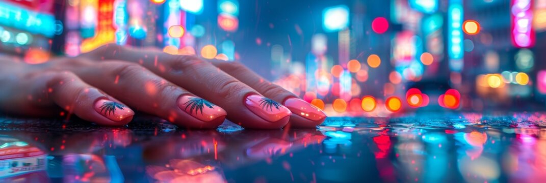 Urban Chic Hand Model Displaying Palm Tree Nail Art in Tokyo Cityscape