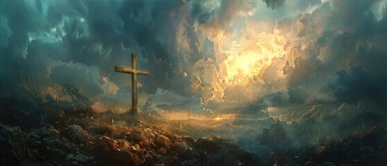 Naklejka premium Majestic light on the cross, Golgotha's mystic moment