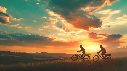 Fototapeta premium Silhouetted Cyclists Pedaling into a Vibrant Sunset over Scenic Countryside Landscape