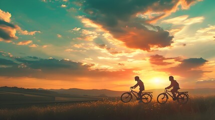 Silhouetted Cyclists Pedaling into a Vibrant Sunset over Scenic Countryside Landscape