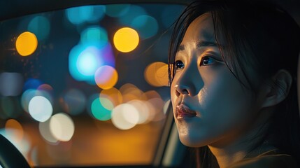 woman is driving alone at night. It's raining. She is lonely.