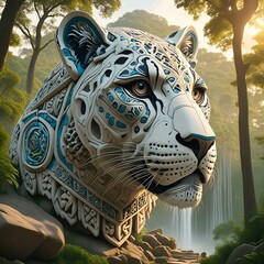 Cabeza colosal de jaguar de piedra de cultura prehispánica. (modelo 4) - obrazy, fototapety, plakaty