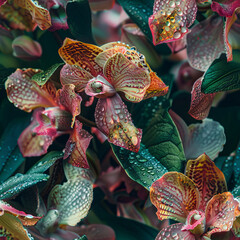 Seamless pattern of colorful tropical orchid flowers in dim night light