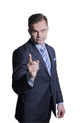 A successful businessman shows a gesture of attention with his finger pointing up with his hand