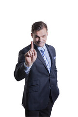 A successful businessman shows a gesture of attention with his finger pointing up with his hand