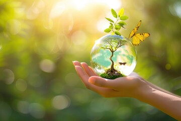 Earth crystal glass globe ball and growing tree in human hand. Saving environment, save clean planet, ecology concept. Card for World Earth Day - generative ai