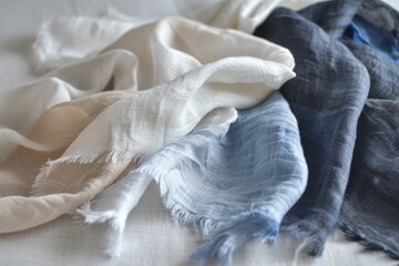 Fototapeta premium Linen scarf product photo. In stye of luxury fine fashion fabric. Elegant textile material with subtle fold texture. 