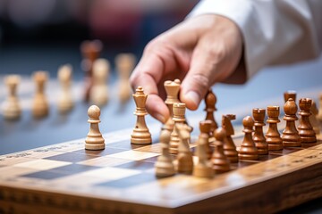 Close-up of a hand carefully making a strategic move by moving a chess piece on a wooden chessboard with plastic pieces, creating a focused scene against a solid color background