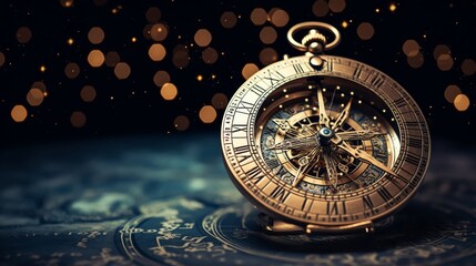 A closeup of a vintage astrolabe against a starry night sky background symbolizing exploration and the history of astronomy