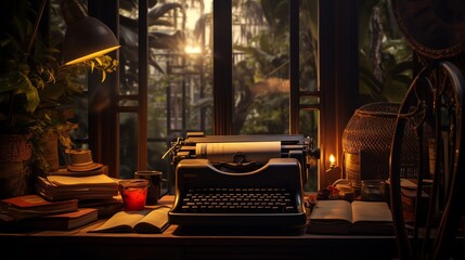 A writer at an old typewriter in a cozy attic room surrounded by books and papers lost in the process of creating a fictional world highlighting the creative power of imagination