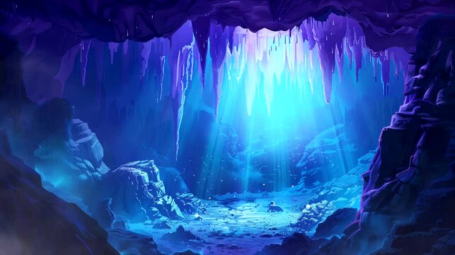 Luminous Glowing Caves: Illuminated Depths Below. Fantasy landscape anime or cartoon style, looping 4k video animation background