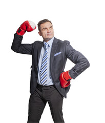 funny man businessman man in boxing gloves The victorious one winner