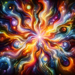 Glowing Geode featuring abstract colorful shapes shimmering and converging in a luminous display of radiant hues and dynamic patterns