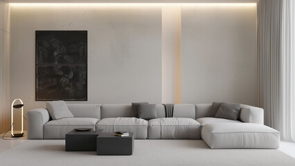 Simplicity and Artistry: Living Room with Grey Sofa and Wall Lighting