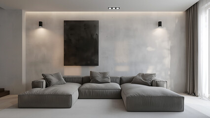 Simplicity and Artistry: Living Room with Grey Sofa and Wall Lighting