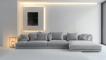 Simplicity and Artistry: Living Room with Grey Sofa and Wall Lighting