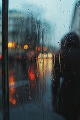 Obraz premium Illustration portrays rainy scene, blurred world outside window reflects depression's emotional isolation, muted palette conveys sense of detachment.