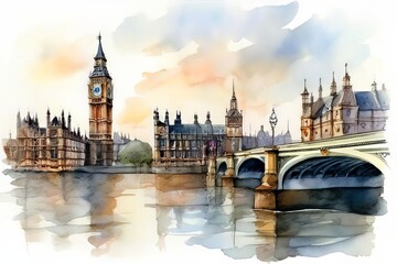 Naklejka premium London street with red bus in rainy day sketch illustration