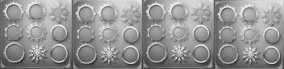 Set of circle silver frames with a silver snowflakes.