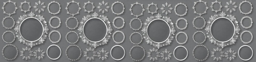 Set of circle silver frames with a silver snowflakes.