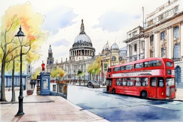 London street with red bus in rainy day sketch illustration