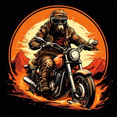 rides a Motorbike, Fire emanating from the body, sunset, pure white background, T-shirt design, Generative AI
