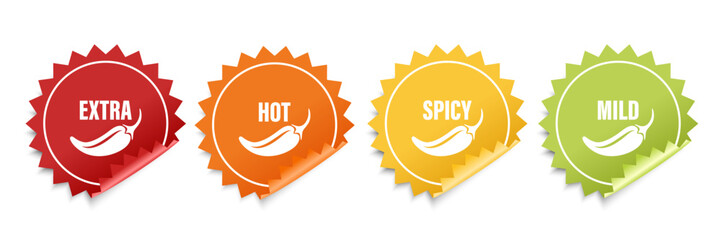 Realistic Vector Round Stickers with Spicy Chili Pepper Icon, Food Spicy Level. Red, Orange, Yellow, Green Jalapeno Pepper Strength Scale Sticker Indicators with Mild, Spicy, Hot and Extra Positions