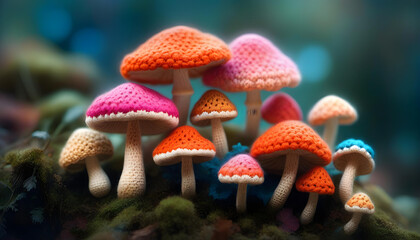 Obraz premium A digital artwork of crocheted mushrooms in vibrant colors with a mossy background