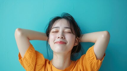 Portrait of young beautiful asian woman on holiday vacation summer time in white bedroom. Happy cheerful girl in summer.