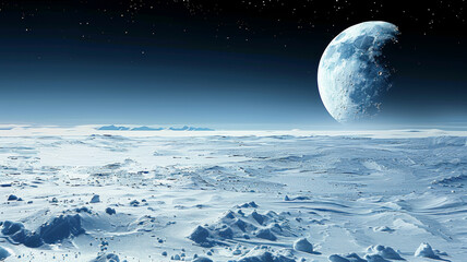 A large moon is in the sky above a vast, snow-covered landscape