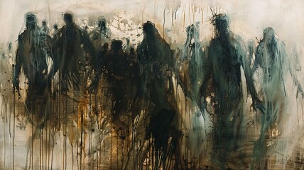 Oil painting of a group of people walking in a field. The figures are dark and shadowy, and the background is light and hazy.