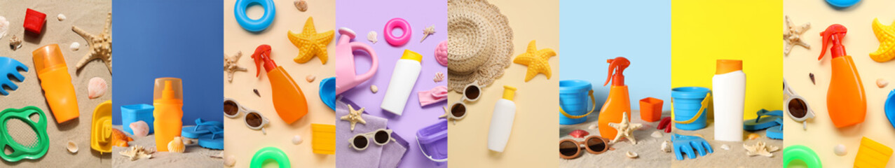 Collage of baby toys, accessories and sunscreen on color background