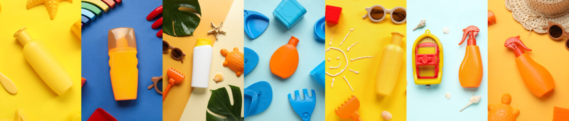 Set of baby toys, accessories and sunscreen on color background, top view