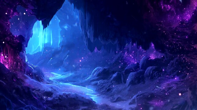 Luminous Glowing Caves: Illuminated Depths Below. Fantasy landscape anime or cartoon style, looping 4k video animation background