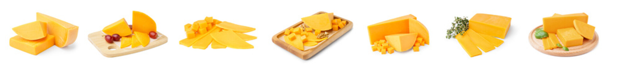 Collage of tasty cheddar cheese on white background