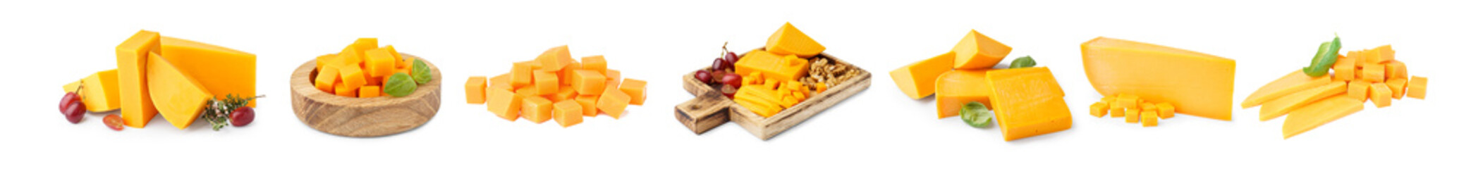 Set of tasty cheddar cheese on white background