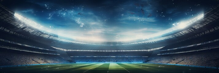 Immersive football stadium with stellar sky dome - An expansive football stadium under a night sky, with a surreal touch of a cosmos-themed dome