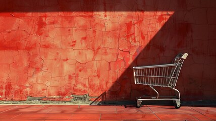 A lonely shopping cart sits abandoned in a parking lot. Its surroundings are empty. The cart is a symbol of consumerism and the desire for more. - obrazy, fototapety, plakaty