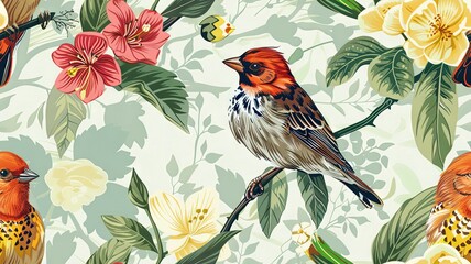 Fototapeta premium A seamless pattern with beautiful hand drawn tropical flowers and birds.