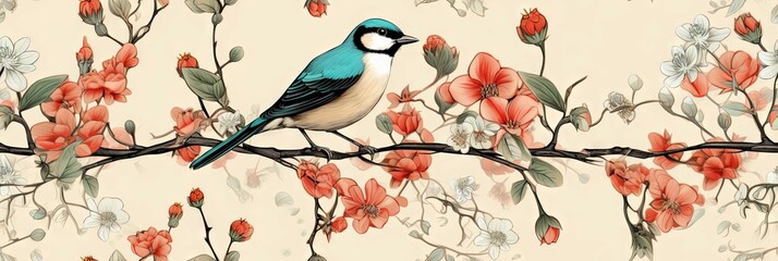 Fototapeta premium A small blue bird sits on a branch with delicate pink flowers. The background is a soft cream color. The image has a vintage, hand-painted feel.