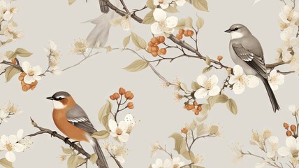 A seamless pattern with birds and flowers